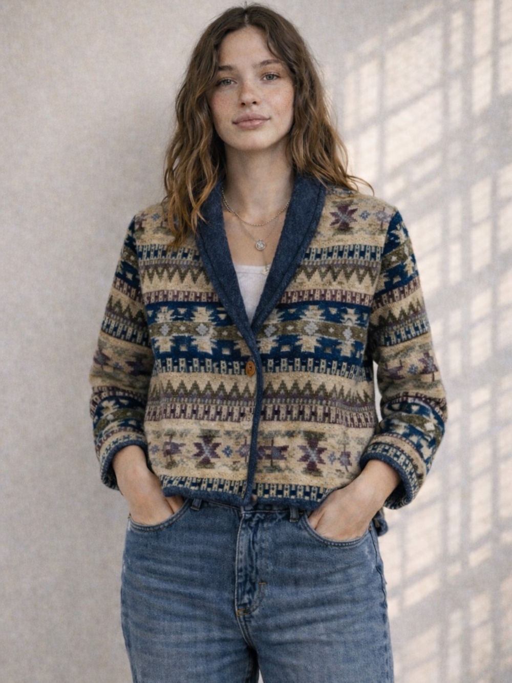 New Identity Southwestern Aztec Jacket Cotton Cropped Boho M